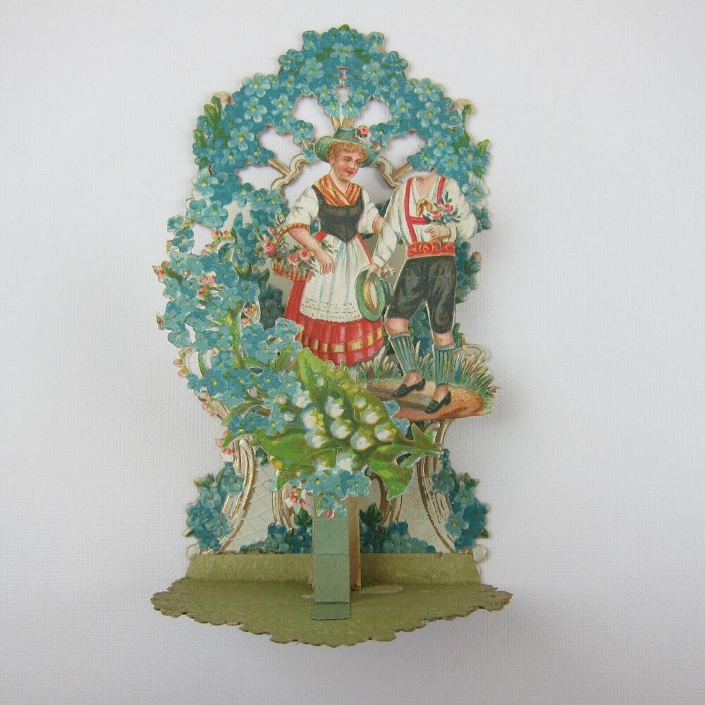 Vintage Valentine 3D Pop Up Die Cut German Girl Red Boy Lederhosen Blue Flowers - Picture 2 of 12